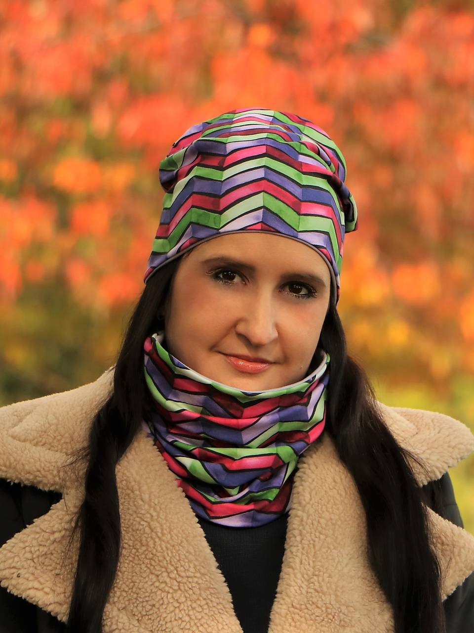 Chevron fialový úpletová čiapka, nákrčník alebo set