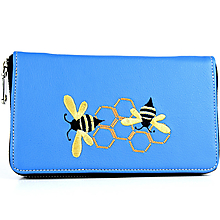 Peňaženky - Vyšívaná kožená dámska peňaženka s motívom včelieho úľa, modrá farba - 15214526_
