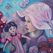 Obrazy - Dievčatko s bábikou / akryl originál - 15214219_