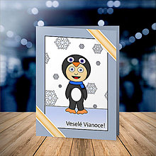 Papiernictvo - Vianočná pohľadnica detské kostýmy - tučniak (vločky) - 15213914_