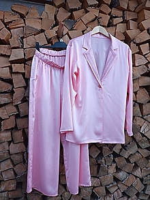 Nočná bielizeň - Saténové dámske pyžamo (rôzne farby) (košeľa + dlhé nohavice) - 15220034_