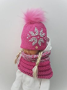 Čiapky, čelenky, klobúky - Zimný dievčenský set (KVET v cyklaméne) - 15221097_