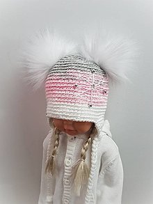 Detské čiapky - Zimná dievčenská čiapka VLOČKA (ružovo-sivo-biely melír) - 15221162_
