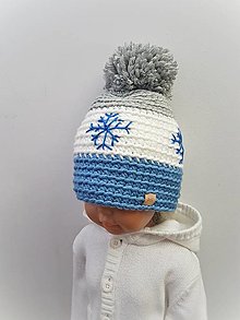 Detské čiapky - Zimná čiapka VLOČKY (biela-modrá-sivá) - 15221198_