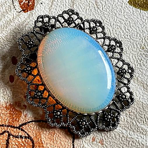 Brošne - Vintage Opalite Antique Silver Brooch / Brošňa s opalitom - 15223255_