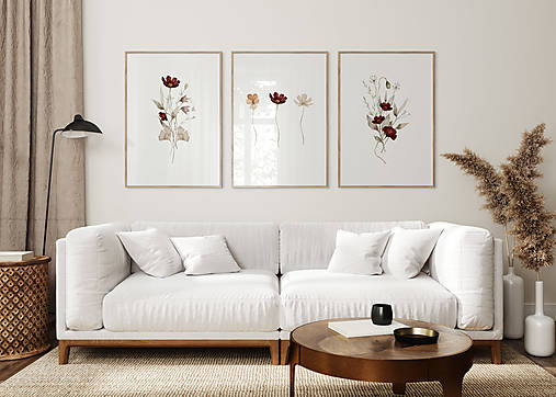 Set 3 obrazov akvarel - Bordové lúčne kvety