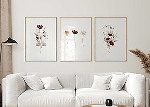 Grafika - Set 3 obrazov akvarel - Bordové lúčne kvety - 15223819_