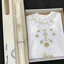 Detské oblečenie - Košieľka na krst k05 biela zlatá v darčekovom balení a sviečka na krst zlatý krížik - 15226942_