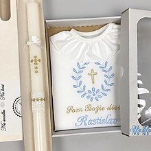 Detské oblečenie - Košieľka na krst k10 modrá zlatá v darčekovom balení a sviečka na krst zlatý krížik biela stuha - 15228809_