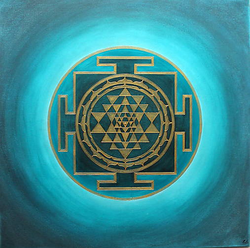 Obrazy - OCHRANNÁ MANDALA SRI YANTRA - Šťastná rodina (tyrkys- gold)  100 x 100 - 15229835_