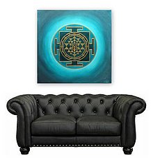 Obrazy - OCHRANNÁ MANDALA SRI YANTRA - Šťastná rodina (tyrkys- gold)  100 x 100 - 15229889_
