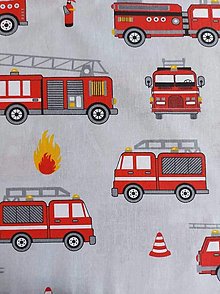 Textil - Detská látka hasičské autá na sivej - 15237837_