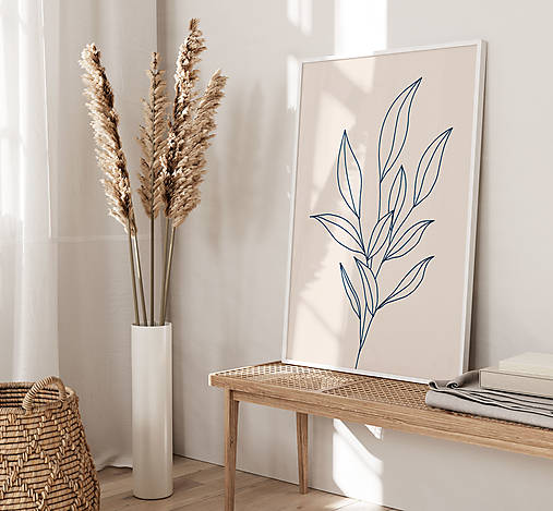 Grafika - Moderný béžový obraz - Modré boho listy - 15238905_