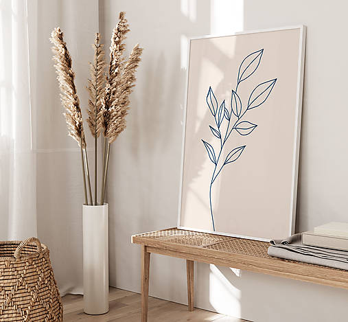 Grafika - Moderný béžový art print - Modré boho listy - 15238913_