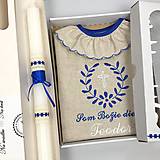 Detské oblečenie - Košieľka na krst k10 ľanová modrá v darčekovom balení a sviečka na krst modré kvietky s modrou - 15238716_