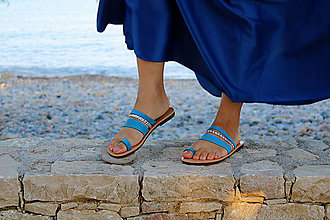 Ponožky, pančuchy, obuv - Kožené šľapky MYRTOS - modrá a strieborná - 15241658_