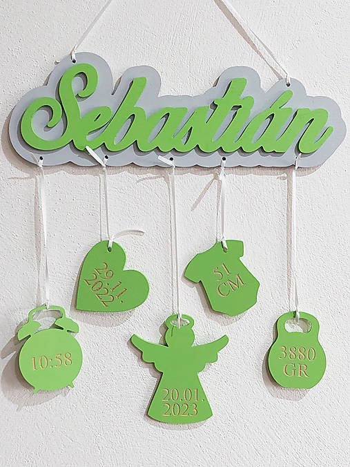 Drevené meno s pozadím a údajmi + anjelik