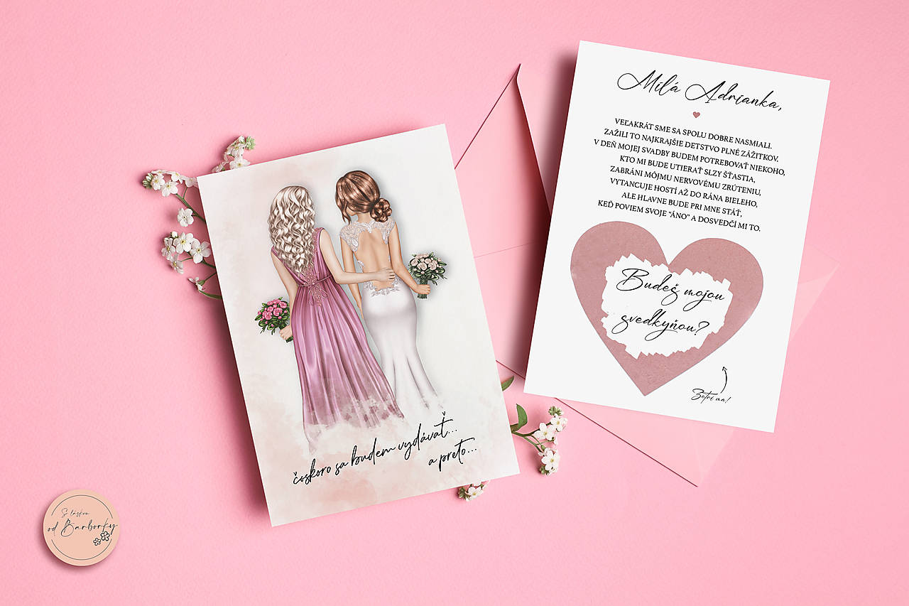 Personalizovaná stieracia kartička #01 pre družičky / svedkyňu - obojstranná (Obálka Pink Quartz + kruhová nálepka so srdiečkom)