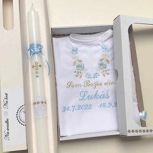 Detské oblečenie - Košieľka na krst 14 modrá zlatá v darčekovom balení a sviečka na krst zlatý krížik s modrou - 15256065_