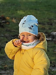 Detské čiapky - Baletka na modrej úpletová čiapka, nákrčník alebo set (Nákrčník vnútorná strana svetlomodrý úplet) - 15259290_