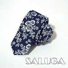 Pánske doplnky - Slim tmavo modrá kravata - vzorovaná - kvetinová - 15259139_