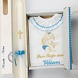 Detské oblečenie - Košieľka na krst k34 iná modrá zlatá v darčekovom balení a sviečka na krst zlatý krížik s inou modrou - 15258309_