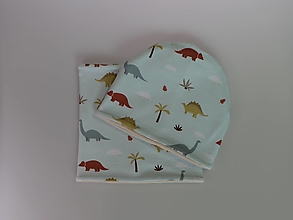 Detské čiapky - Dinosaury úpletová čiapka, nákrčník alebo set (Set vnútorná strana béžový fleece) - 15261915_