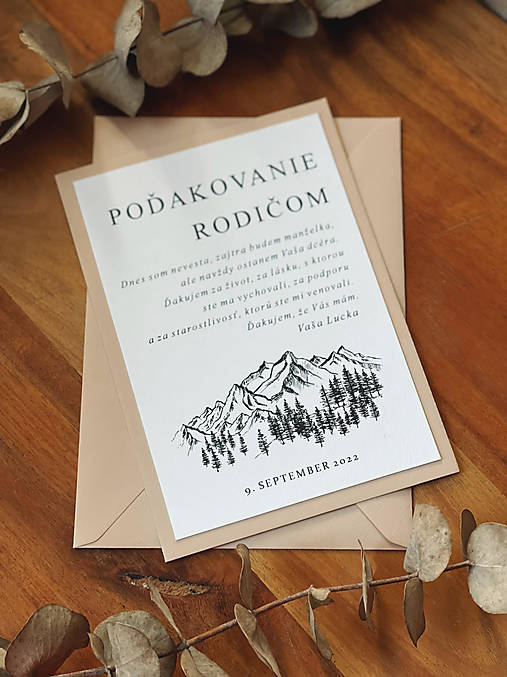 Tabuľky - Poďakovanie rodičom papierové béžové hory - 15263720_