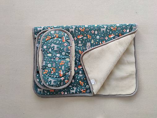 Detský textil - VLNIENKA súprava podložka a deka do autosedačky  0/13 kg 100% Merino Zvieratká Petrol Green - 15263542_