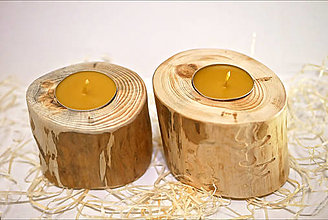 Sviečky - Sada svietnikov z borovicového dreva so sviečkami z včelieho vosku - 15265171_