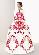 Šaty - FLORAL FOLK " Slovenská ornamentika ", spoločenské dlhé šaty (biela + červený  akvarel) - 15283352_