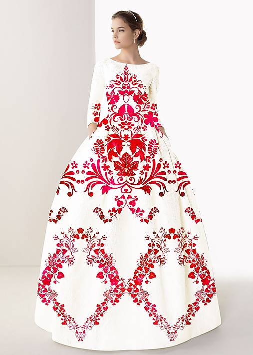 FLORAL FOLK " Slovenská ornamentika ", spoločenské dlhé šaty (biela + červený  akvarel)