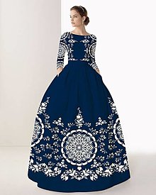 Šaty - FLORAL FOLK " Slovenská ornamentika ", spoločenské dlhé šaty (tmavomodrá + biely vzor) - 15283380_
