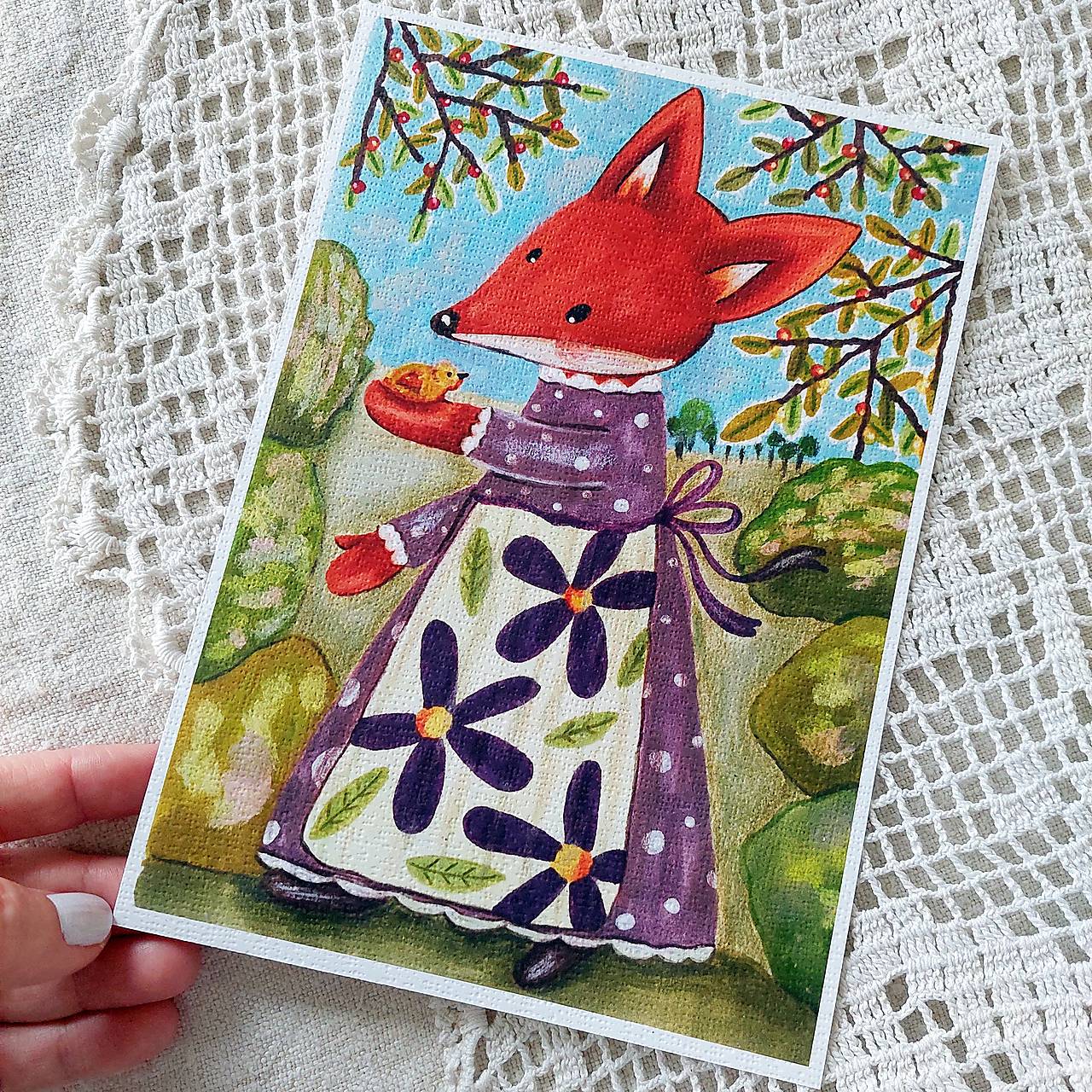 S vtáčatkom - reprodukcia ilustrácie na art papieri