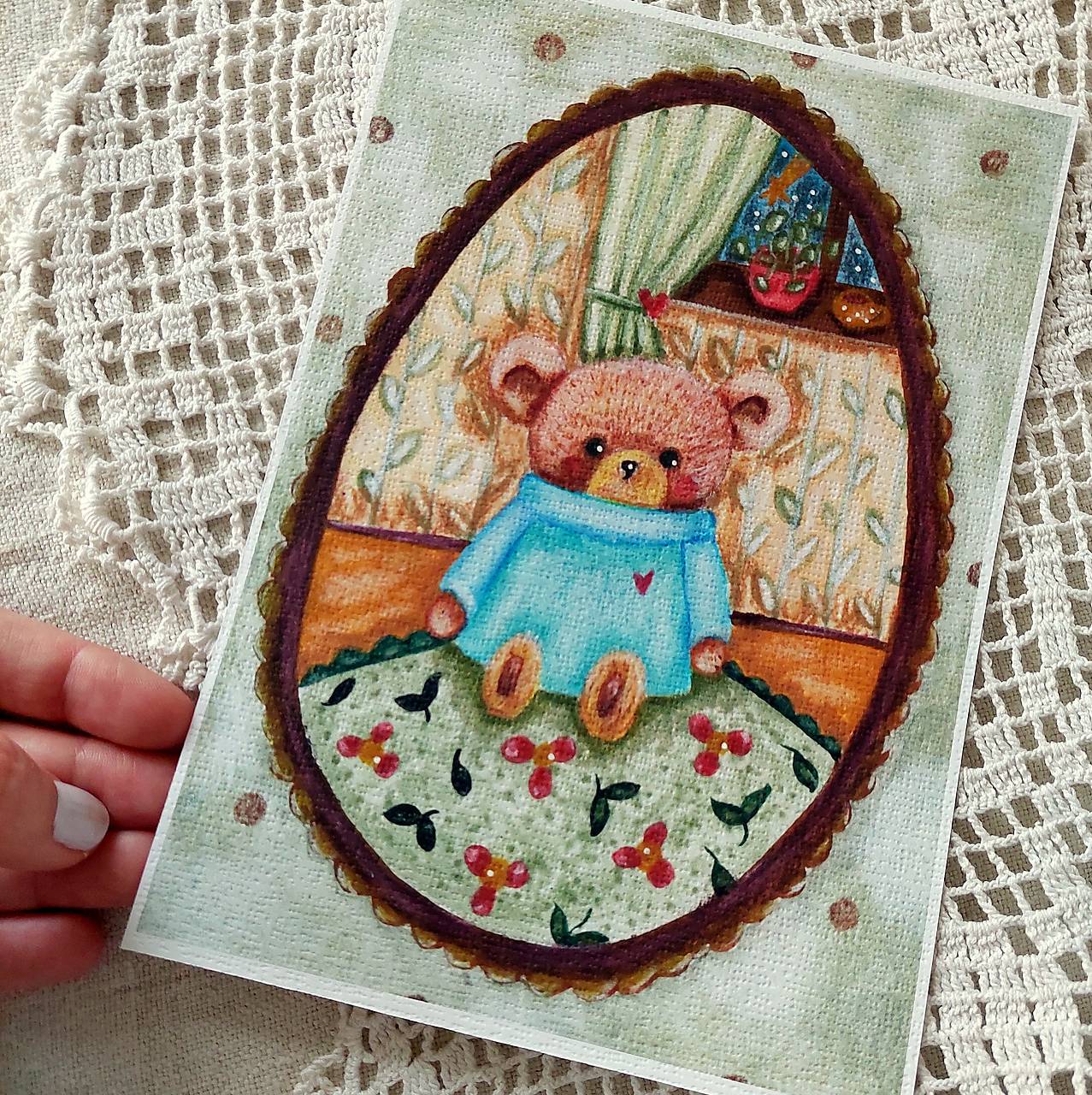 Vintage izbička s medvedíkom - reprodukcia ilustrácie na art papieri