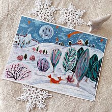 Kresby - Kúzelná zimná krajinka s líškou - reprodukcia ilustrácie na art papieri - 15289405_