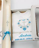 Detské oblečenie - Košieľka na krst k05 iná modrá strieborná v darčekovom balení a sviečka na krst strieborný krížik s inou modrou - 15289469_
