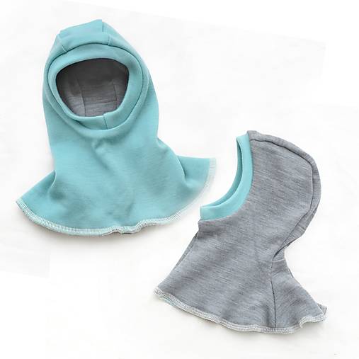 Detské čiapky - Kukla obojstranná 100% merino hrubá 2 vrstvy light mint/svetlosivá - 15292409_