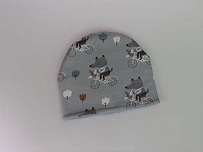 Detské čiapky - Vlk na bicykli čiapka, nákrčník alebo set (Čiapka vnútorná strana šedý fleece) - 15295607_