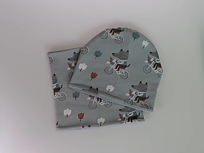 Detské čiapky - Vlk na bicykli čiapka, nákrčník alebo set (Set vnútorná strana šedý fleece) - 15295611_