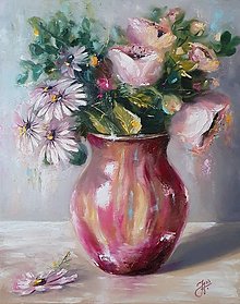 Obrazy - Obraz "Kvety v bordovej váze" - olejomaľba, 40x50 cm, plátno - 15295682_