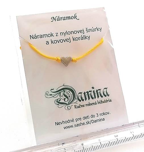 Náramky - Šnúrkové - srdce (žltá) - 15298293_