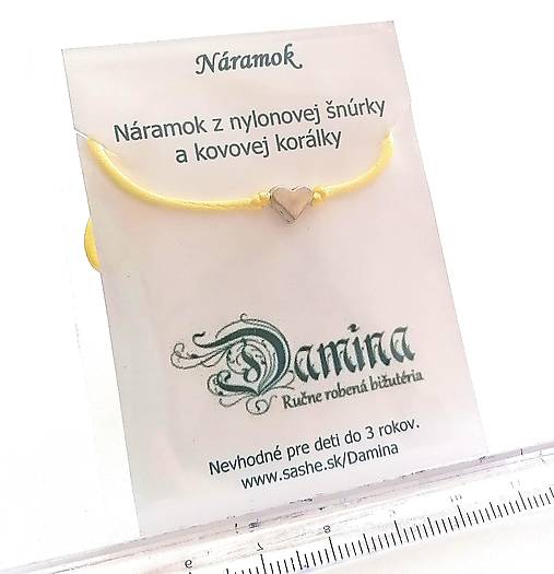 Náramky - Šnúrkové - srdce (žltá svetlá) - 15298294_