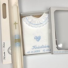 Detské oblečenie - Košieľka na krst k12 modrá v darčekovom balení a sviečka na krst zlatý krížik s modrou - 15295853_