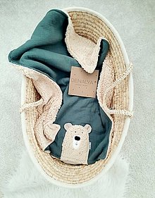 Detský textil - "Tuľkacia" mušelínová deka DARK MINT s Mackom s jemným barančekom 65x90cm - 15302327_