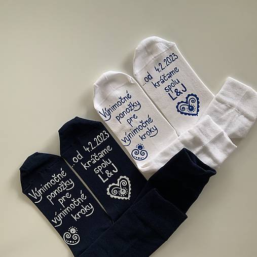 Maľované ponožky pre novomanželov s nápisom "Výnimočné ponožky pre výnimočné kroky/ Od (dátum) kráčame spolu (Biele + tmavomodré s iniciálami)