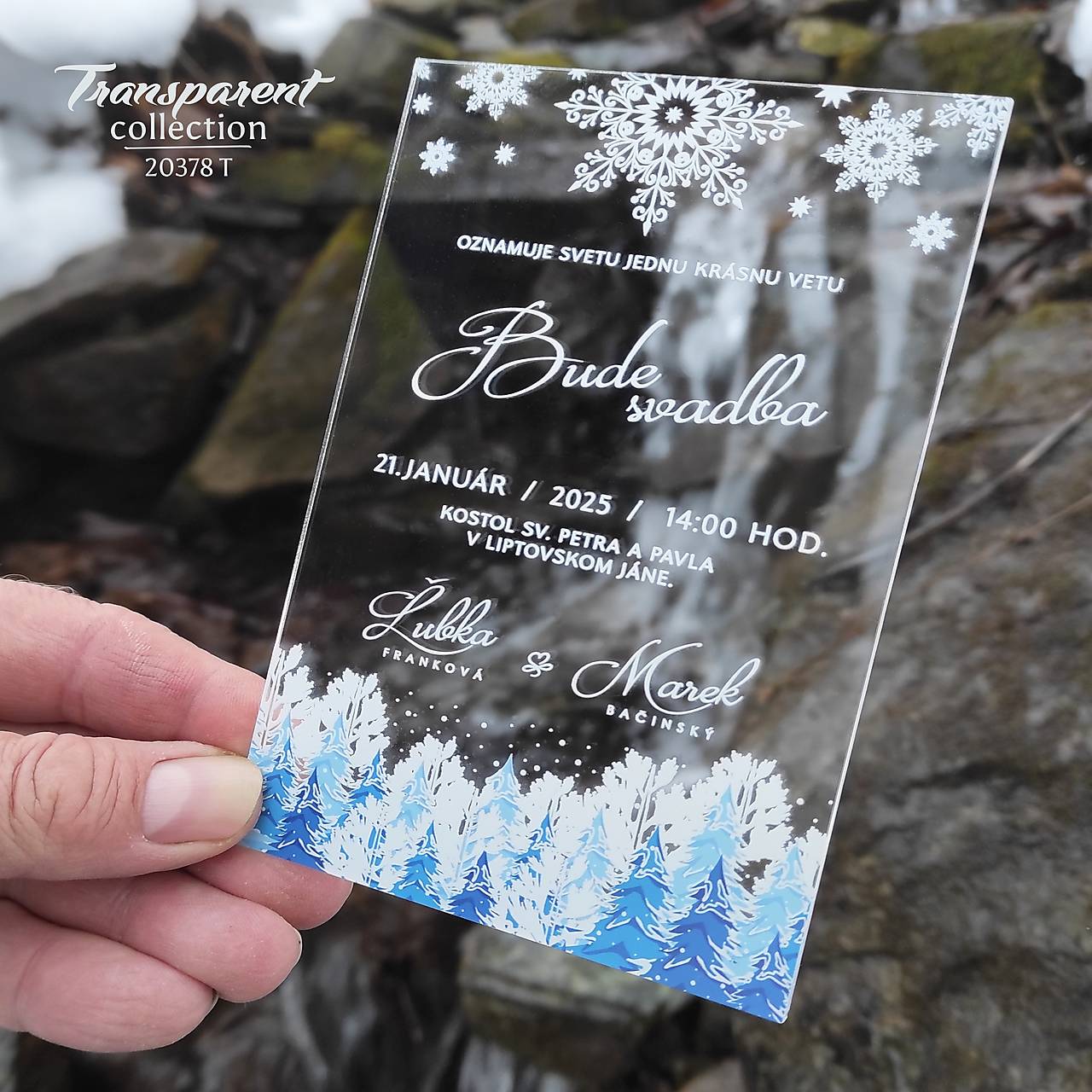 Transparentné svadobné oznámenie - jedlička M20378T
