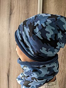 Detské čiapky - čiapka + nákrčník modrý maskáč - 15302576_