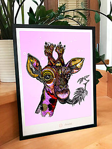 Grafika - Žirafa, čierno-biela aj kolorovaná grafika (A3 / 30x40cm - Ružová) - 15308408_