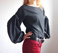 Blúzky a košele - Elegantná blúzka s "puff" rukávmi - tmavo-sivá "jeans" farba - 15312862_